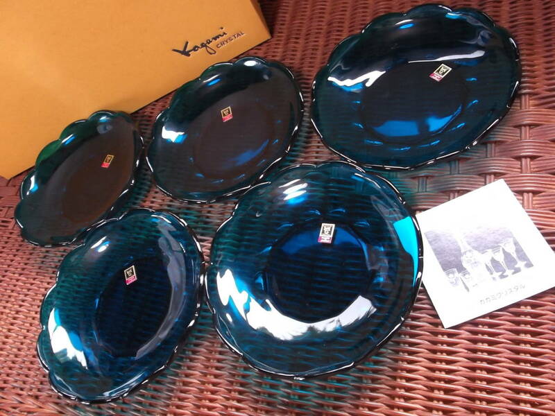 カガミクリスタル 花形 プレート 16,5cm ５個set 青 デザート 皿 / 各務クリスタル