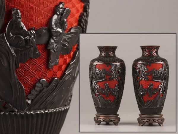 中国古玩 唐物 堆朱 堆黒 花瓶 一対 細密細工 時代物 極上品 初だし品 9389