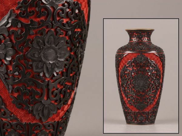 中国古玩 唐物 堆朱 堆黒 花瓶 細密細工 時代物 極上品 初だし品 9592