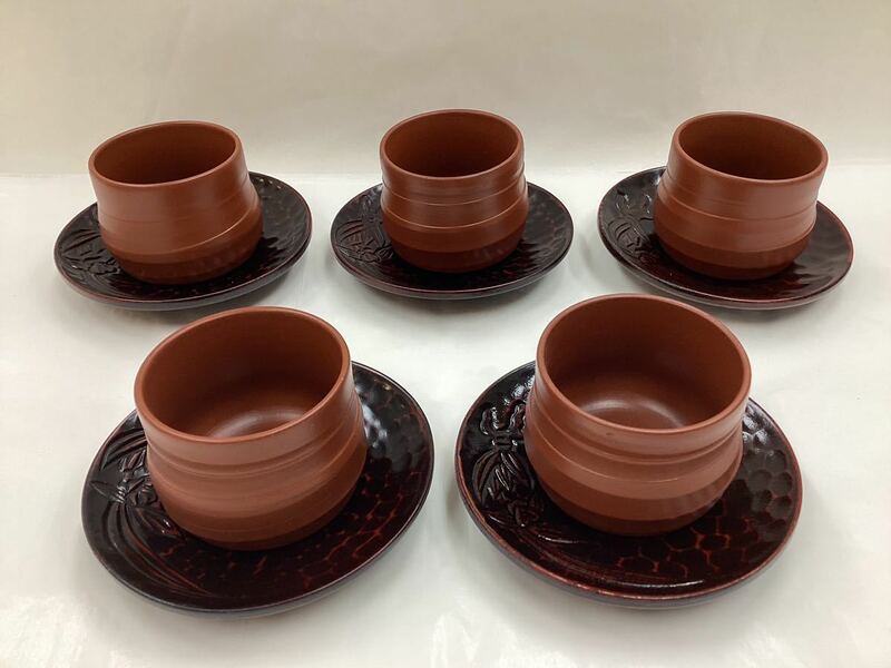 茶道具 煎茶碗5客(古物品 亮泉作)・茶托5枚(新品)