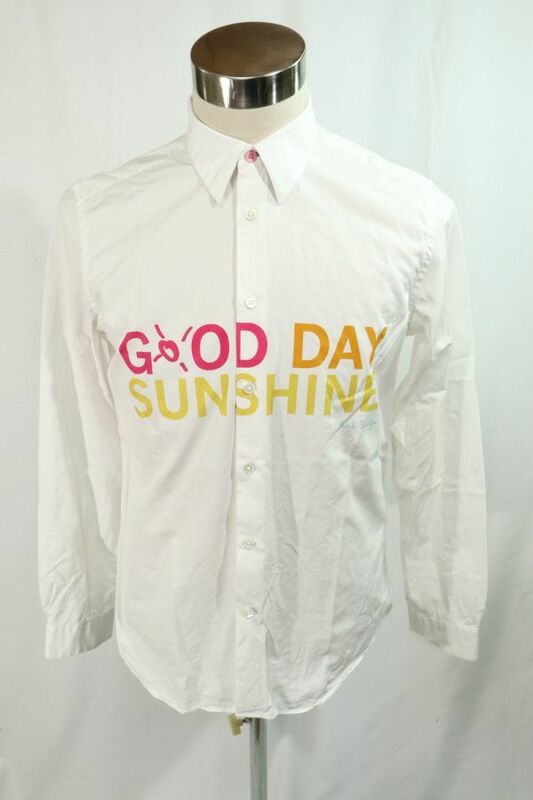 【Used】PS Paul Smith ポールスミス 18ss 日本製 GOOD DAY SUNSHINE メッセージ 長袖シャツ デザインシャツ ホワイト 古着 L ■ET23C0121
