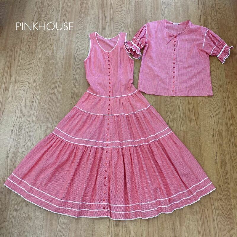 PINKHOUSE ＊ ピンクハウス ■ 半袖ブラウス ノースリーブロングワンピース セットアップ 赤白ギンガムチェック 前開きワンピース