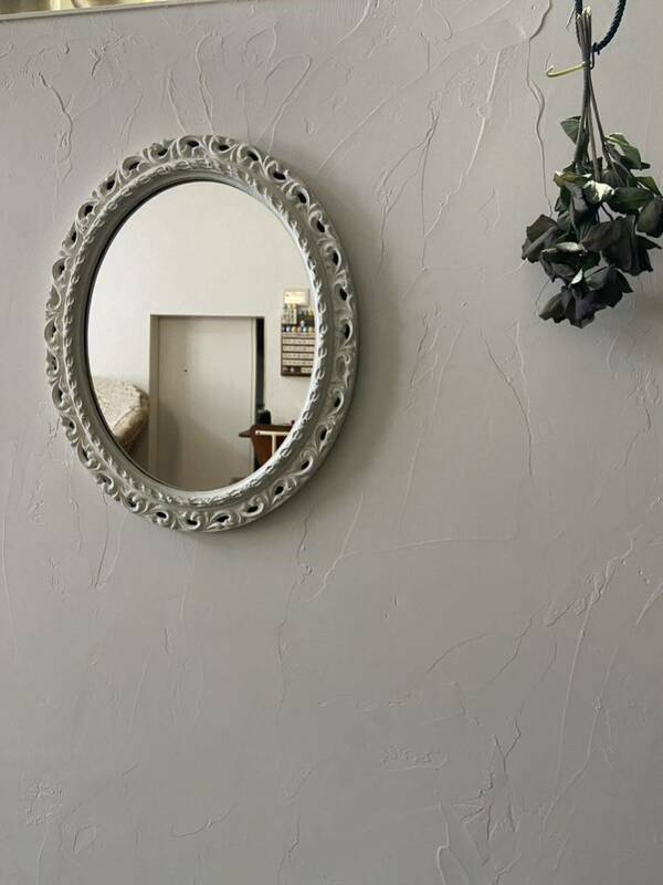 フランスアンティークブロカントのホワイト壁掛けミラー☆フレーム壁掛け鏡 ウォールミラー ヴィンテージ ビンテージブロカント蚤の市白