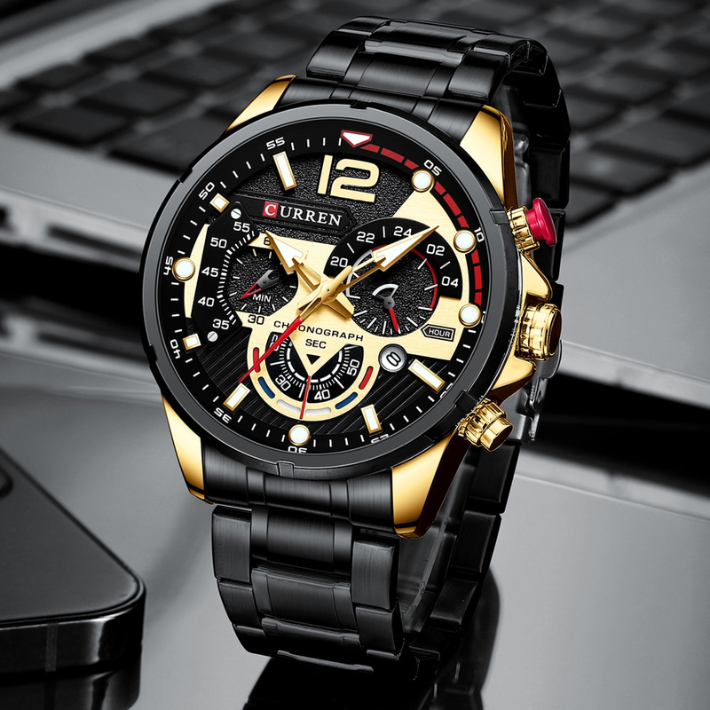 CURREN メンズ 腕時計 高品質 クオーツ カジュアル スポーツ ミリタリー ウォッチ 8395 クロノグラフ 防水 時計 ブラック × ゴールド