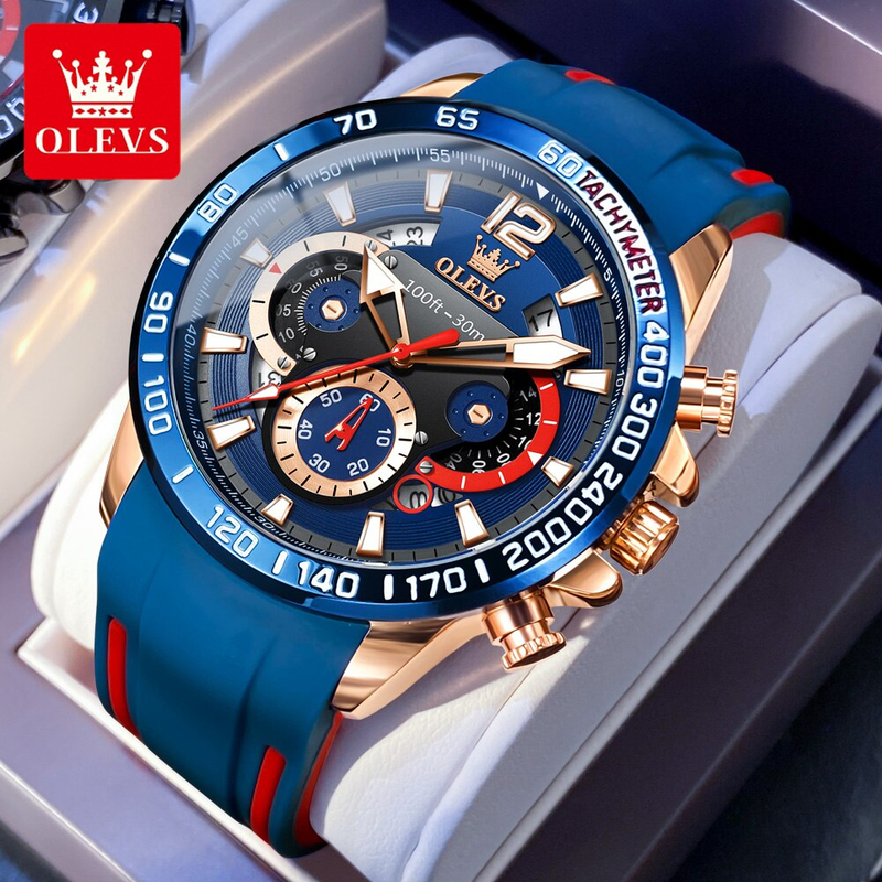 OLEVS メンズ 腕時計 高品質 クオーツ カジュアル スポーツ ファッショナブル ウォッチ 9936 クロノグラフ 防水 時計 ブルー× Rゴールド