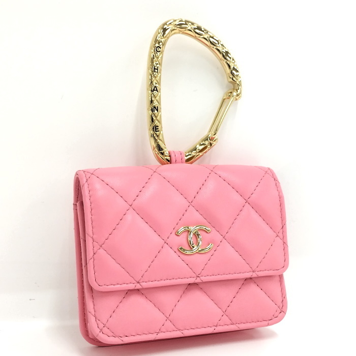 【中古】CHANEL ジュエルフック カードケース コインケース マトラッセ レザー ピンク AP2397