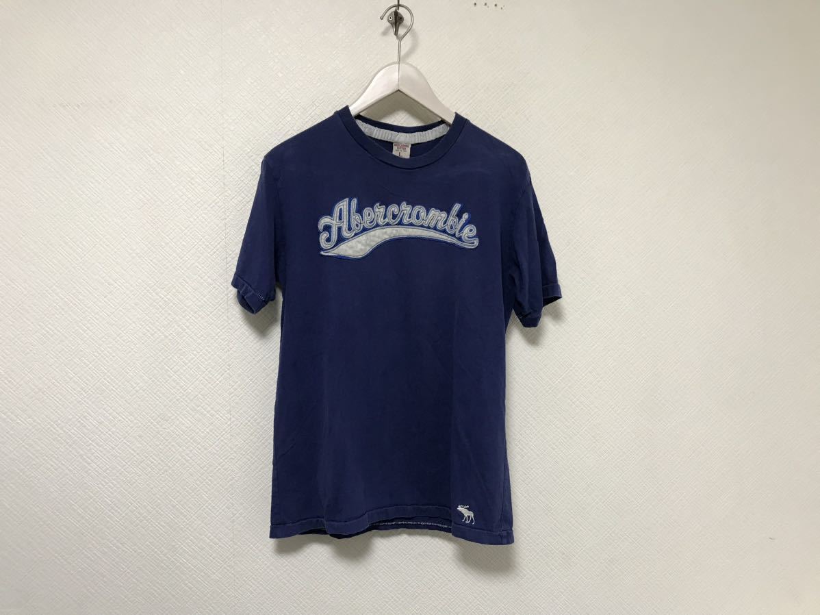 本物アバクロアンドフィッチAbercrombie&Fitchコットン柄プリント半袖TシャツメンズアメカジサーフミリタリーLストリートマカオ製青ブルー