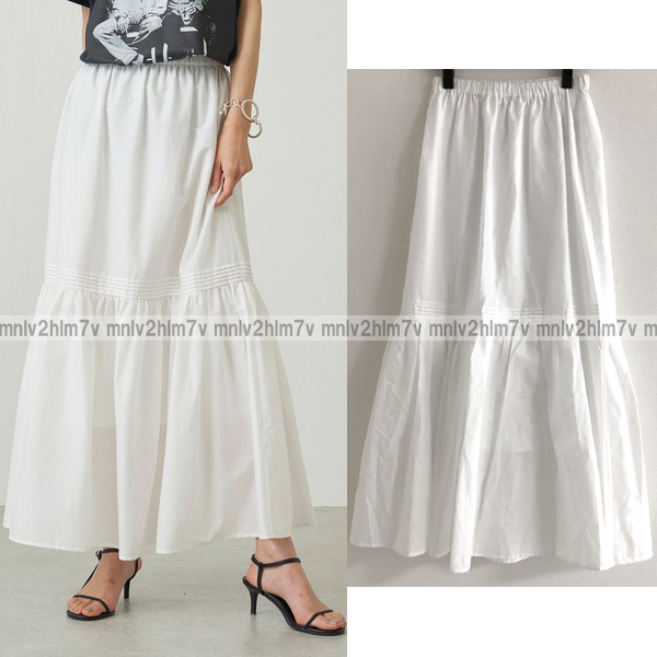 【ラウンジドレス　Loungedress】ティアードスカート　ホワイト白　コットンスカート　フレアスカート　ロングスカート　マキシスカート