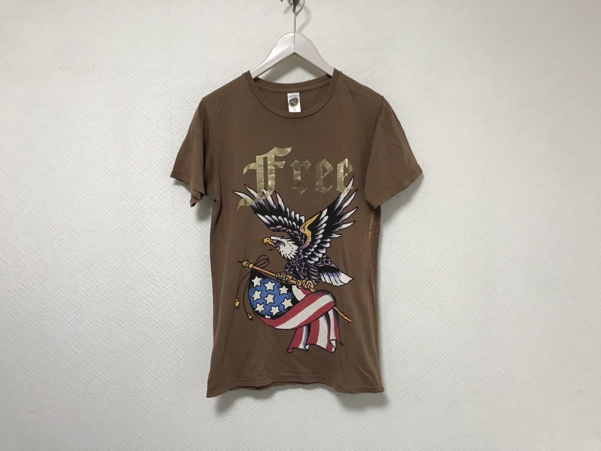 本物エドハーディーEdHardyコットンプリント半袖TシャツメンズアメカジサーフミリタリーS茶ブラウンストリートバイカーロックアメリカ製