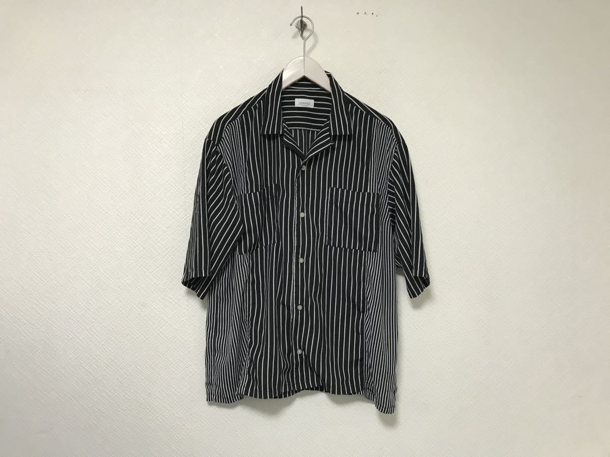 本物ジュンレッドJUNREDストライプ柄オープンカラー半袖シャツメンズサーフアメカジビジネススーツ黒ブラックM