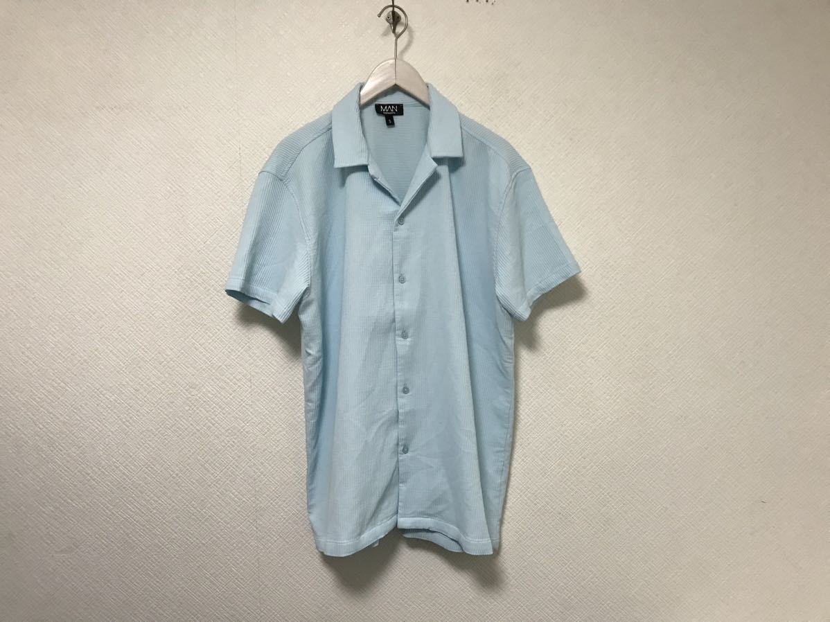本物ブーフーboohooMANオープンカラー半袖シャツセットアップハーフショートパンツメンズサーフアメカジビジネススーツ青ブルーSトルコ製