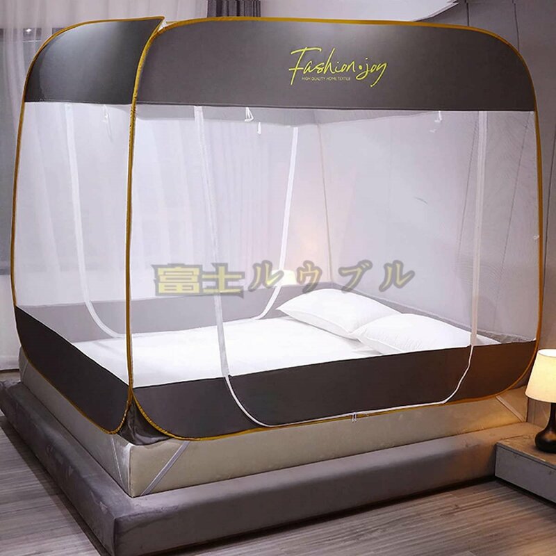 蚊帳 ワンタッチ 底付き シングルベッド用 ダブルベッド 3ドア設計 かや 蚊帳 ベッド用 畳 大型 キャンプ式 収納袋付-120x195x155cm