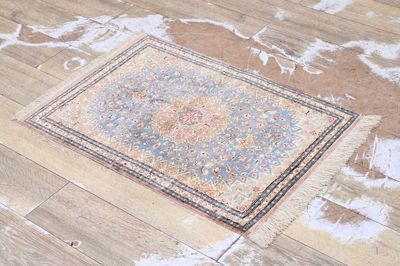 CD14 美品 イラン 手織り ハンドメイド クム産 シルク100% 玄関マット 絨毯 キッチンマット ラグ