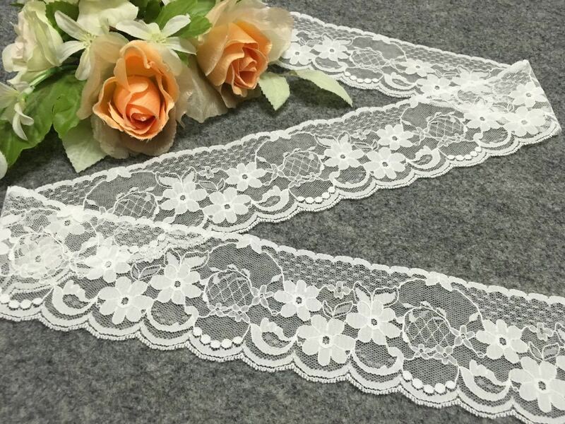 【即決】5m450円★花柄 ラッセルレース 幅約7㎝★新品 白 ホワイト★ハンドメイド ★スカラップ レース