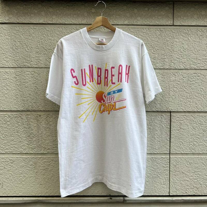 90s USA製 白 プリントTシャツ サンチップス FRUIT OF THE LOOM フルーツオブザルーム アメリカ製 古着 vintage ヴィンテージ 企業 Lサイズ