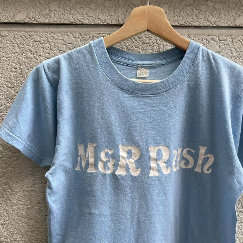 70s 80s USA古着 半袖Tシャツ プリントTシャツ 水色 ライトブルー サックスブルー 英字 ロゴ アメリカ古着 vintage ヴィンテージ Sサイズ