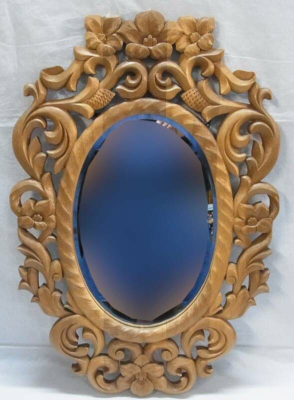 ▲木彫り 木製 花柄模様 彫刻 ウオールミラー 壁掛鏡 だ円形 オーバル W45D2H68 手彫り ミラー 鏡 花 フラワー アンティーク レトロ▲140