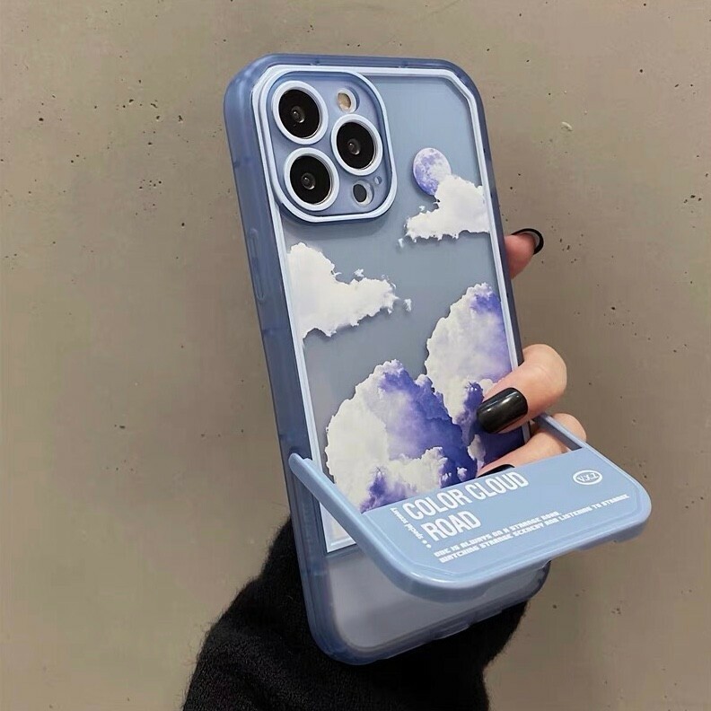 iPhone13Pro ケース スタンド付き 透明感 保護カバー 衝撃吸収 自然 クラウド 雲空 スカイ そら ブルー カメラ保護 13プロ