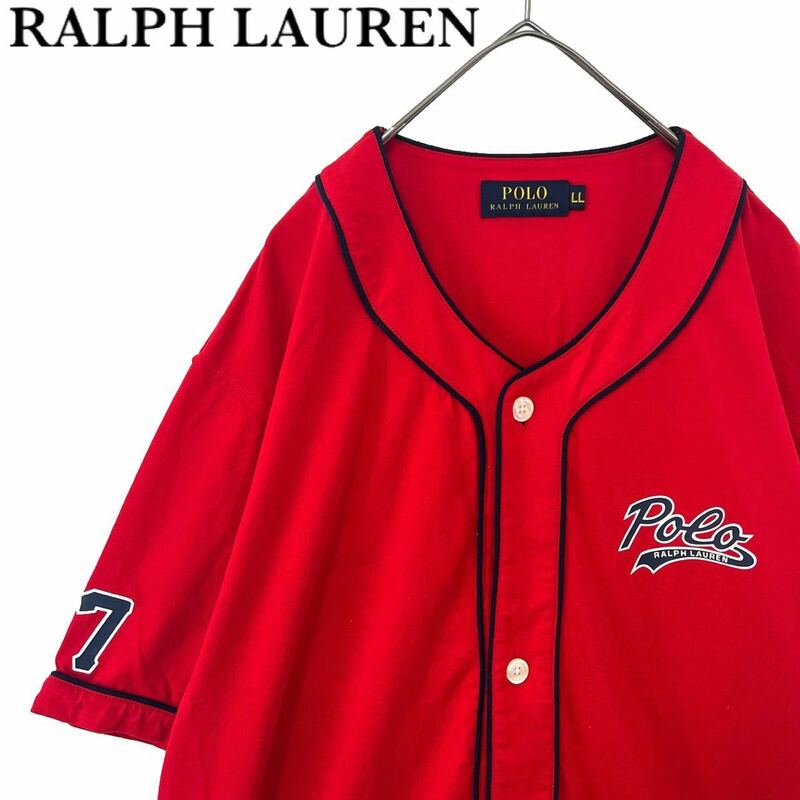 【送料無料】POLO RALPH LAUREN ポロラルフローレン ベースボールシャツ　LL 半袖　メンズ　ノーカラー レッド　赤