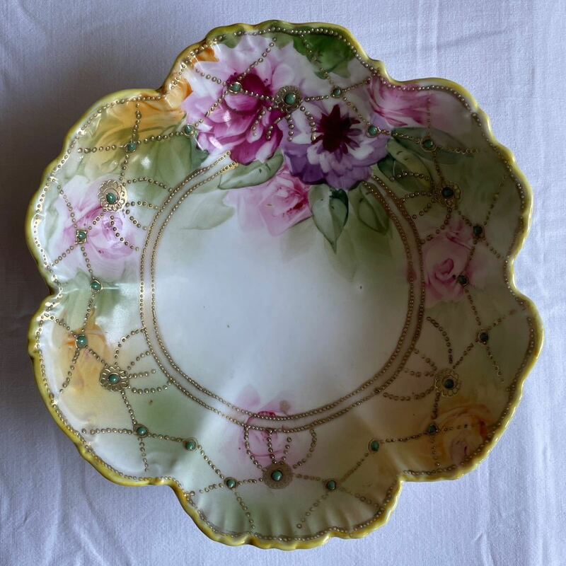 明治〜大正 オールドノリタケ 色絵エナメル金点盛薔薇文盛鉢 1891〜1921 Vintage Noritake floral bowl w/ golden beaded design