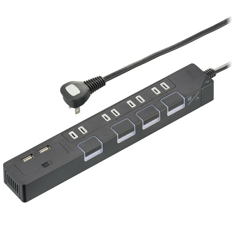 電源タップ 雷ガード 光る押しボタンスイッチ 4個口 USBポート付き 2m ブラック 節電タップ｜HS-TPKU42K-22 00-1669 オーム電機