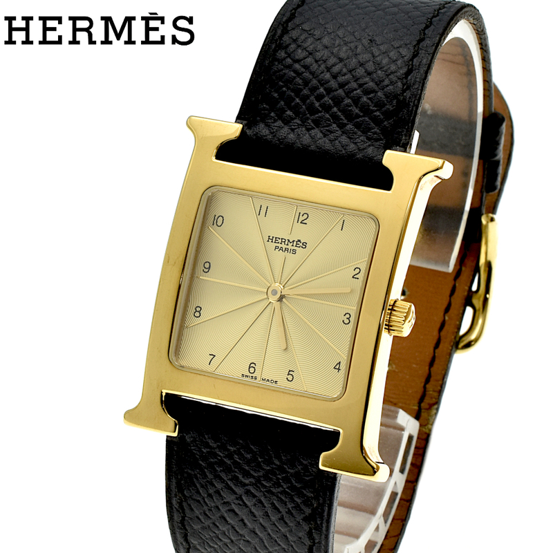 HERMES エルメス HH1.501 Hウォッチスクエア ゴールド文字盤 QZ クォーツ メンズ腕時計 ゴールド×ブラック