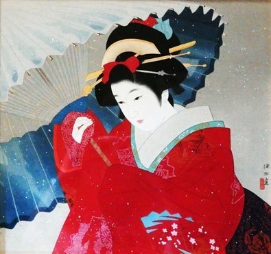 ☆ 値下げスタート ☆ 伊東 深水 ☆　　　春 雪　　　美人画　　　木版画　　　額装済み 　　　美品　