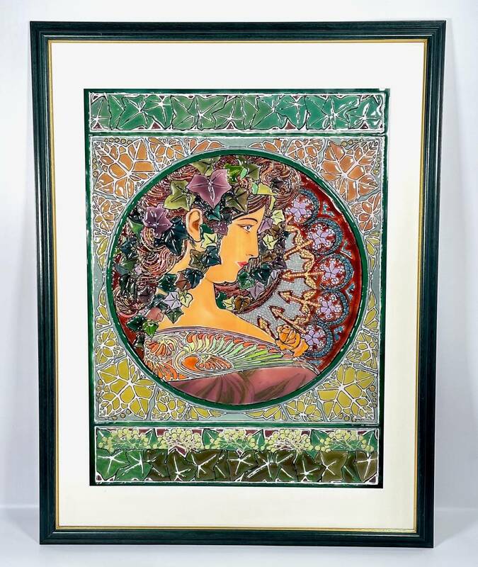 Mucha アルフォンス・ミュシャ 「アイビー」 ガラス エナメル絵画 額装品 幅59.5cm 高さ78cm エナメルの艶やかな質感が美しい逸品！