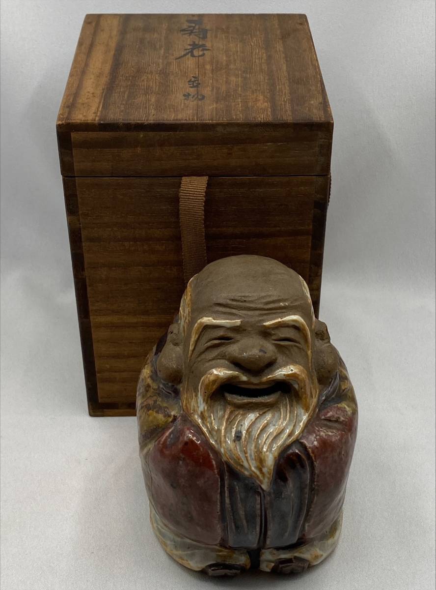 鞍馬焼　甘澁亭　色絵寿老人　色絵人物置物　共箱　検）時代物　骨董　中国古玩　古美術
