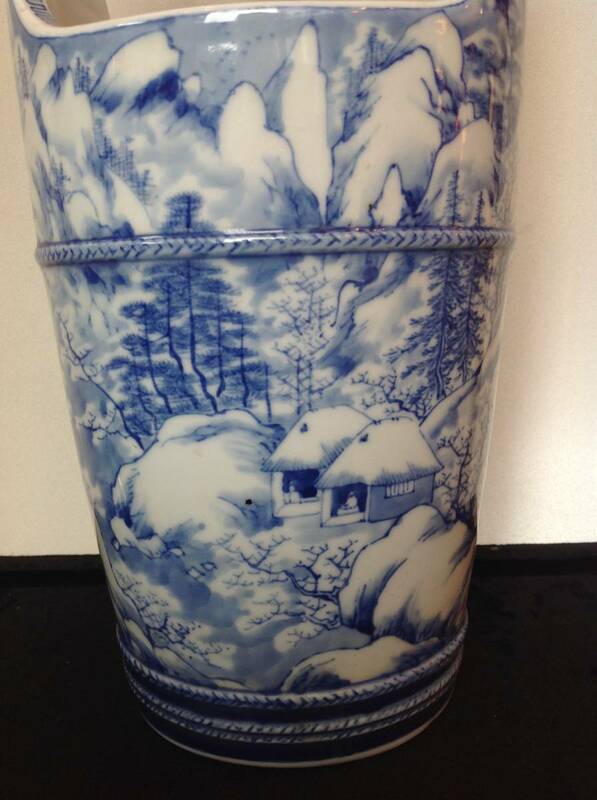 陶器 全面雪景色 山水画 花生け 花瓶 置物 長期保管 未使用品