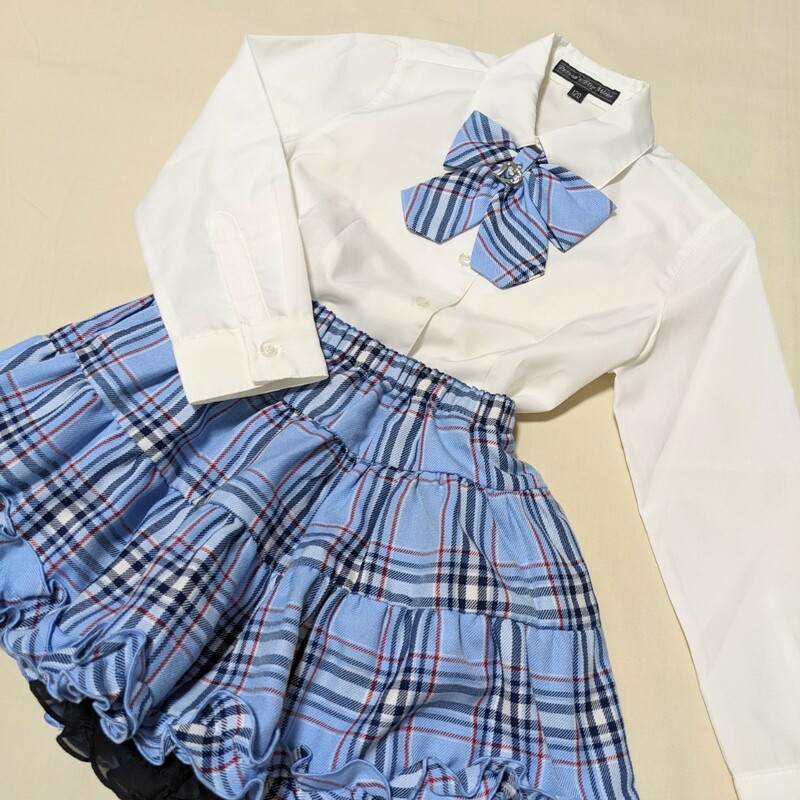 +FS27 Person's Flip Wear パーソンズ フォーマル 120 女の子 ブラウス スカート リボン セット 白 水色 セレモニー 入園式 卒園式 入学式