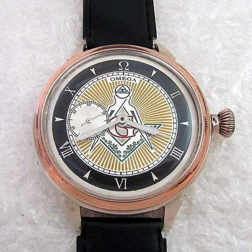 1908～12年あたり 銀無垢ケース＆オメガ懐中時計ムーブメント使用 カスタム腕時計 フリーメイソン文字盤