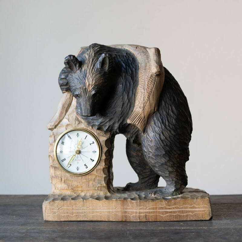 木彫の熊 時計付き 北海道 民芸品 木彫り熊 木製彫刻 飾り オブジェ 置物 民藝 