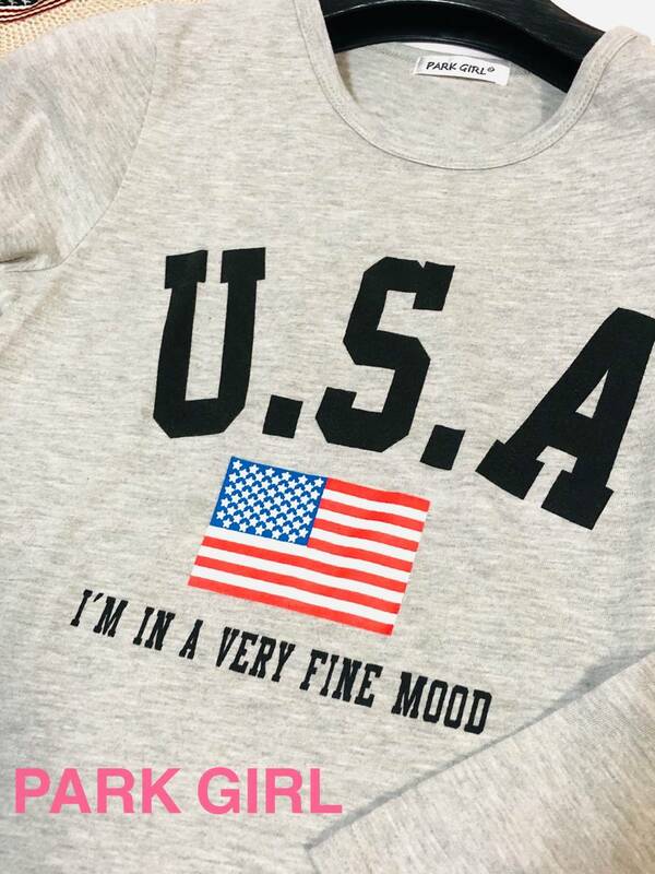 PARK GIRL 　U.S.A＆星条旗デザイン　カットソー　Tシャツ　長そで　グレー　サイズ M