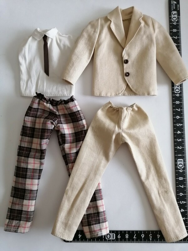 3r0530 ドール用 日本製 スーツ ベージュリカちゃんパパ ジェニーボーイフレンド サイズ ジャケット パンツ チェック ネクタイ シャツ