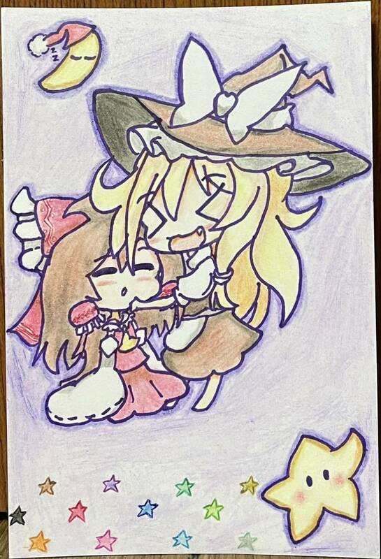 「東方project」霊夢ちゃん&魔理沙ちゃん（ちびキャラ）手描きイラスト（ポストカード）ラスト！！