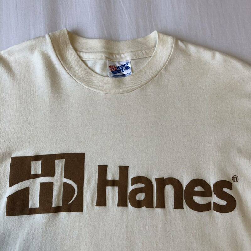 90's USA製 Hanes ロゴ Tシャツ L 生成り ベージュ ビンテージ ヘインズ アメリカ製 ヴィンテージ 90s 90年代 tシャツ OLD US古着 vintage
