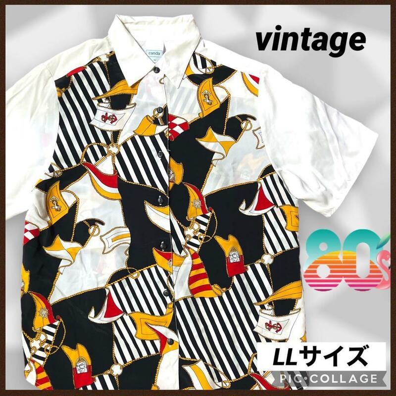 vintage 80s ポリシャツ 半袖シャツ 柄シャツ LL 古着 レディース 古着 送料無料 ヴィンテージ 半袖ブラウス スカーフ柄 ボタンシャツ 絵画