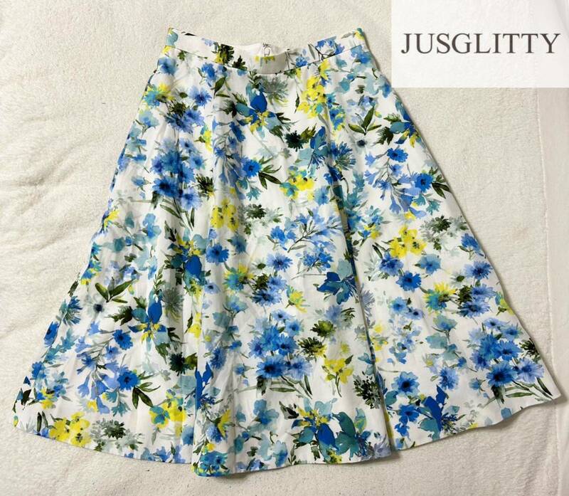 JUSGLITTY☆リネン混の水彩花柄デザインフレアスカートサイズ２