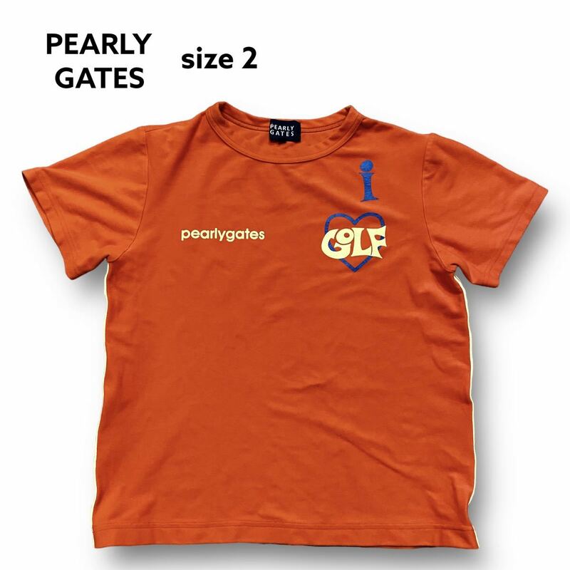 美品 正規 PEARLY GATES パーリーゲイツ 半袖 ストレッチ Tシャツ プリント レディース GOLF ゴルフ ウェア オレンジ サイドライン 2