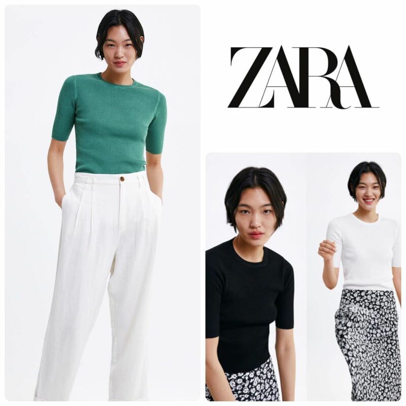 ZARA ザラ　五分袖　リブトップス　M サマーニット　クルーネック　 プルオーバー リブ　くすみグリーン　半袖ニット