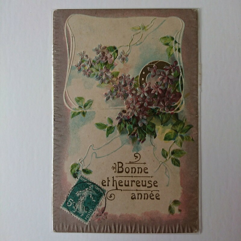 アンティークポストカード フランス クレマチス 1910年 フランスアンティーク ポストカード グリーティングカード 新年祝い