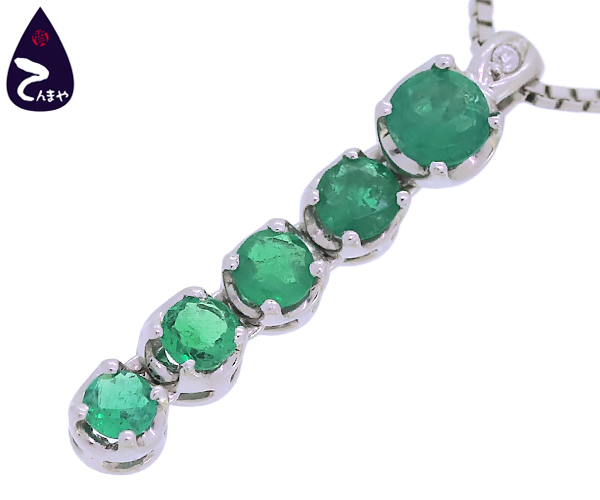 【質Shop天満屋】【人気】Pt850/900 トップ付ネックレス エメラルド5石 合計0.43ct ダイヤ 0.01ct ベネチアンチェーン 約40cm 約4.5g