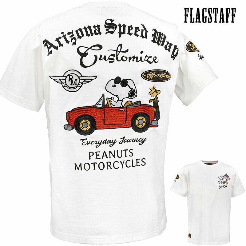 432031-10 SNOOPY PEANUTS スヌーピー 半袖Tシャツ クルーネック JOECOOL アメカジ オープンカー メンズ(ホワイト白) L FLAG STAFF