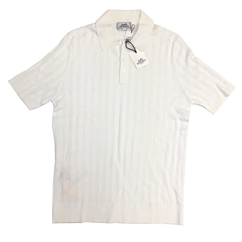 HERMES エルメス 半袖 ニットポロシャツ XLサイズ 白 コットン メンズ aq7736