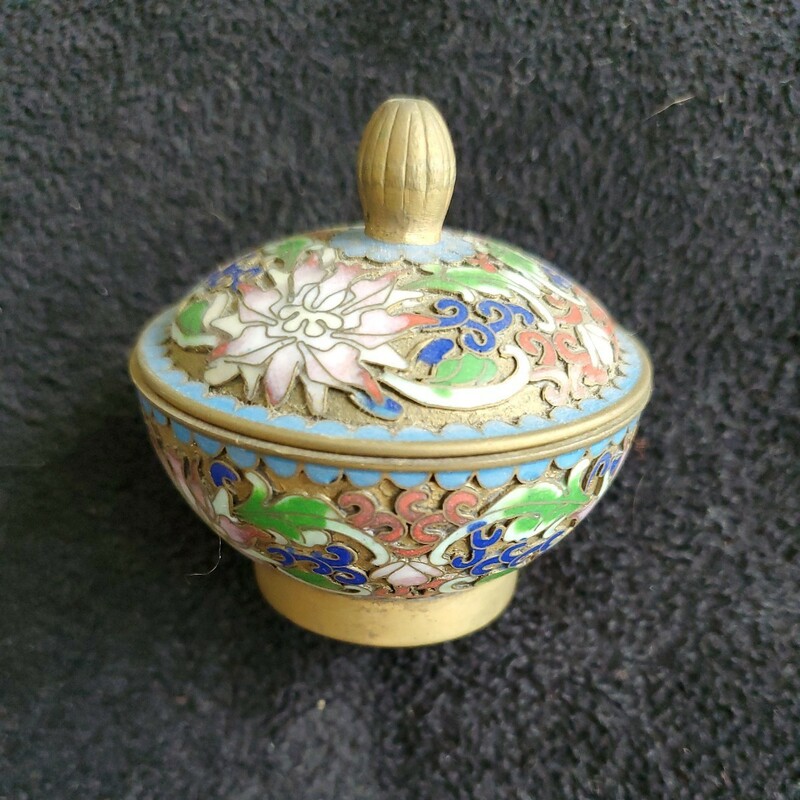 【美品】中国七宝　香合　香道具　景泰藍　花草文　金属工芸　古美術　小物入れ