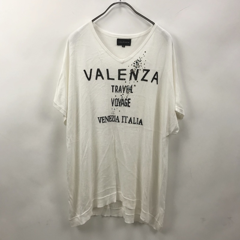 VALENZA/バレンザ 半袖Tシャツ サマーニット ラインストーン レーヨン ホワイト サイズ48 レディース
