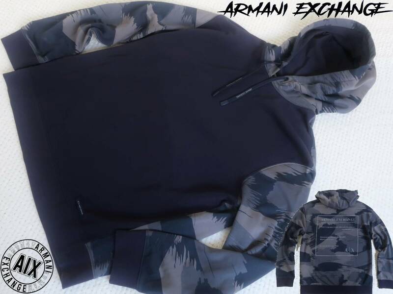 新品★アルマーニ★オーバーサイズ★ネイビー 迷彩柄 パーカ★グレー系 カモ スウェット★カットソー XL★AX ARMANI☆62 