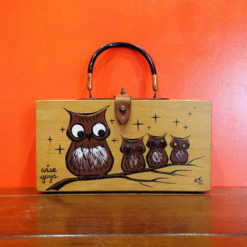 ★60s Enid Collins owl parent and child wood box bag