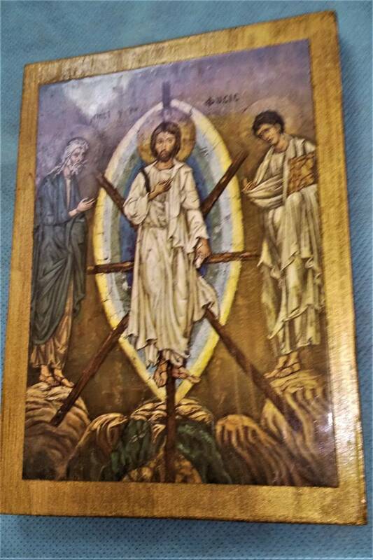 宗教：板絵 木製 画 イエス キリストの変容 教会 年代物 サイズ約17ｘ12ｘ厚み1.2cm アンティーク IE1F/オクパナ